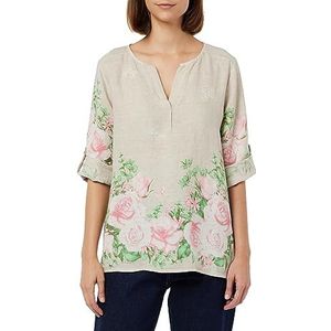 Bonateks, Tunesische Kraagtop met Bloemenprint en Lange Opsteekbare Mouwen, 100% Linnen, De-Maat: 38, Us-Maat: L, Tops, Woestijn - Gemaakt in Italië, beige, 38