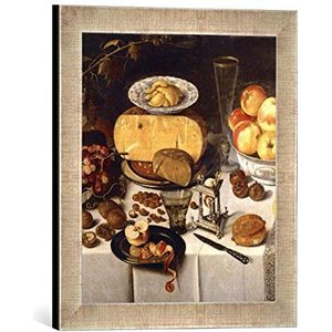 Ingelijste foto van Roelof Koets der Oudere ""Stilleven met appels, kaas, vruchten en tafelservies"", kunstdruk in hoogwaardige handgemaakte fotolijst, 30x40 cm, zilver raya