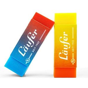Läufer 69825 Plast Color gum, tweekleurig, voor betrouwbare potloden en kleurpotloden, blisterkaart bevat 2 gum voor school, thuis en op kantoor, tweekleurig oranje-geel en rood-blauw