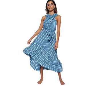 Trendyol Dames Strandkleding Midi A-lijn Regular Geweven Jurk, Blauw, 62