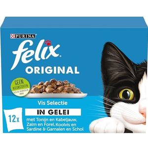 Felix Original Seaside Selectie kattenvoer, natvoer met Tonijn en Kabeljauw, met Zalm en Forel, met Koolvis en Sardine, met Garnalen en Schol in Gelei 12x85g - doos van 4 (48 portiezakjes, 4,08kg)