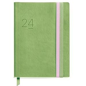 Miquelrius - Jaarkalender 2024, dagweergave, formaat dagboek 122 x 168 mm, flexibele omslag van kunstleer genaaid, dubbele rubberen sluiting, Spaans, Engels en Portugees, groen