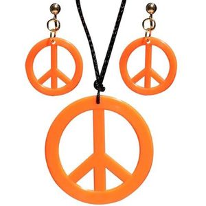 Widmann 53284 - Hippie ketting en oorbellen set, Unisex Volwassene, jaren 60, 70, carnaval, themafeesten, oranje kleur