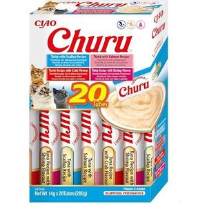 INABA Churu - Gepureerde kattensnoepjes met 4 smaken zeevruchten en tonijn - Heerlijke snacks voor katten - Zachte en romige textuur - Kattenvoer - 20 Tubes x 14g