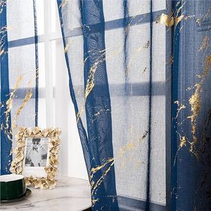 Lavyhuno Sheer Curtains 63 inch Length 2 Panels Set, Rod Pocket Voile Drapes for Kitchen Nursery Room, Metallic Gold Foil Print Window Treatment Privacy Pair, 52"" W x 63"" L, Navy Blue Marble