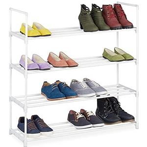 Relaxdays schoenenrek metaal, 4 etages, 16 paar schoenen, hal, uitbreidbaar, metaal & kunststof, schoenenkast, wit