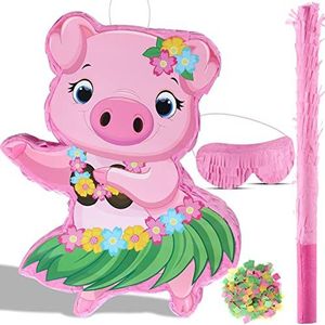 Klein varken, piñata, Hawaï, feestdecoratie, roze varken, piñata met blinddoek, confetti, voor kinderen, zomer, Hawaii Aloha, tropische thema's, verjaardagsfeestaccessoires, 40 x 30 x 8 cm