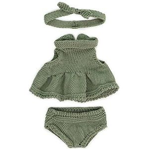 Miniland Poppen: gebreide kledingset, gemaakt van gerecyclede materialen, voor 21 cm, model: jurk en haarband in groen, 31683