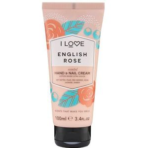 I Love Hand- en nagelcrème met Engelse rozengeur, boordevol sheaboter en kokosolie om de huid te verjongen en te voeden, 93% natuurlijk afgeleide ingrediënten, waaronder vitamine, veganistisch - 100 ml