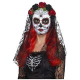 Halloween! Smiffys Dag van de Doden Señorita-masker, volledig gezicht, rood zwart, met Rosenet Sluier