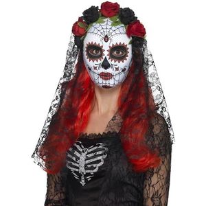 Halloween! Smiffys Dag van de Doden Señorita-masker, volledig gezicht, rood zwart, met Rosenet Sluier
