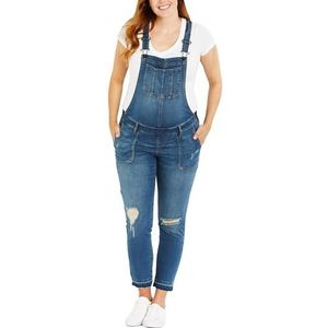 Motherhood Maternity Women's Indigo Blue Side Panel Skinny Ankle Pregnancy Denim Overalls, Medium wash, Small