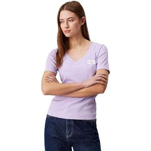 Calvin Klein Jeans Dames geweven label geribbeld V-hals T-shirt S/S T-shirt, Pastel Lila, XXS