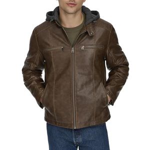 Levi's Men's Faux Leather Hooded Racer Jacket, Saddle, Large