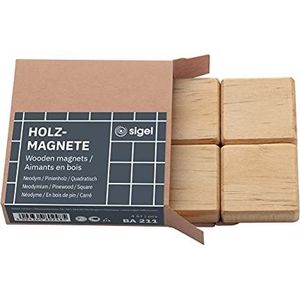 Sigel BA211 Set van 4 krachtige magneten, hout, vierkant, neodymium N42, 3,3 x 3,3 cm, beige