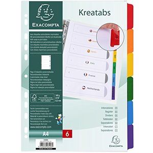 Exacompta - ref. 3206E - Wit kartonnen tabbladen 160g/m2 FSC® Kreatabs met 6 personaliseerbare tabs - gekleurde tabbladen - bedrukbaar zelfklevend etiket - Formaat A4