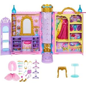 Mattel Disney Prinses Kast, speelset met 2 outfits, 25 accessoires, kaptafel, paskamer, catwalk en opbergruimte, geopend 61 cm breed, geïnspireerd op de film HXC20