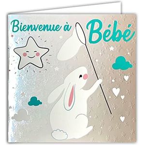 Afie 22112 kaart met envelop, vierkant, 15 x 15 cm, welkom bij baby's, jongens of meisjes, voor geboorte of hemel, zilverkleurig, glanzend, gestructureerd, haas, sterren, dromen, gemaakt in Frankrijk