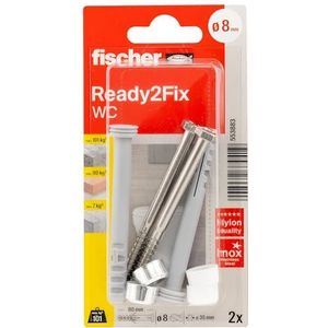 fischer Montageset, wc-bevestiging, bevestigingsset voor staande toiletten met pluggen, schroeven en witte afdekkappen, voor een eenvoudige en snelle montage, 2 stuks