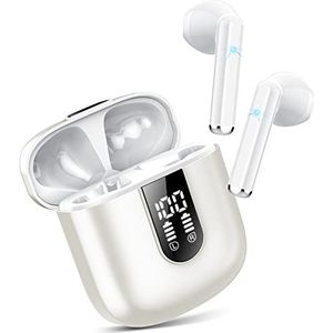 Jesebang Bluetooth in-ear hoofdtelefoon, draadloze Bluetooth 5.3, ultralichte oortelefoon met HD-microfoon, uitstekend geluid, muziek streamen tot 30 uur, LED-display, IP7 waterdicht, wit