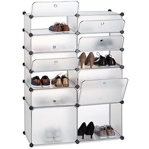Relaxdays schoenenrek kunststof, met 12 vakken, voor 24 paar, XXL steeksysteem, HxBxD: 125x94x37 cm, transparant