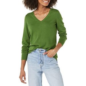 Amazon Essentials Klassieke pasvorm lichtgewicht trui met lange mouwen en V-hals voor dames (verkrijgbaar in grote maten), groen, XS