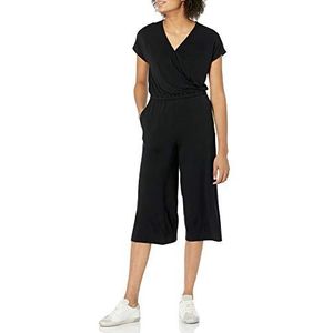 Amazon Essentials Surplice Cropped jumpsuit met wijde pijpen voor dames, Zwart, S