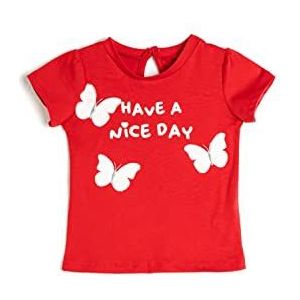 Koton Babygirl Butterfly Geborduurd T-shirt Slogan Gedetailleerde Crew Neck Short Sleeve, rood (401)