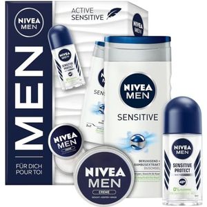 NIVEA Men Active Sensitive cadeauset, verzorgingsset met vochtinbrengende verzorgingsproducten, geschenkdoos met Sensitive douchegel, Sensitive Protect anti-transpirant deodorant roll-on en NIVEA MEN
