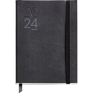 Miquelrius - Jaarkalender 2024, dagweergave, formaat dagboek 122 x 168 mm, flexibele omslag van kunstleer genaaid, Spaans, Engels en Portugees, zwart