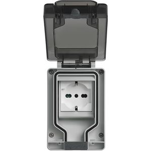 Vimar 14962.U Plana stopcontact Sicury 2P+T 16 A 250 V~ universeel Italiaanse standaard P40 in wanddoos tin IP66 met stekker ingestoken, wit - 2 modules