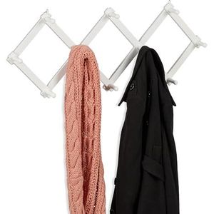 Relaxdays houten wandkapstok, muurkapstok, uitschuifbaar, 10 haken, voor jassen, tassen, sjaals, opvouwbaar, modern, wit