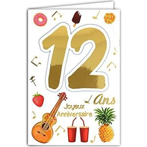 69-2112 kaart""Joyeux Anniversaire"", 12 jaar, voor jongens en meisjes, Champion Champion, cake, cupcakes, muziekinstrumenten, voetbal