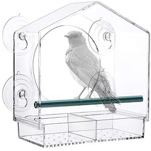 Sterk zuigvenster vogelvoederhuis, grote capaciteit venster vogelvoederbak met verwijderbare zaaibak en afvoergaten voor vogelvoeding Dunnock Blue Tit Robin kleine wilde vogels, 21 cm x 20 cm x 10 cm