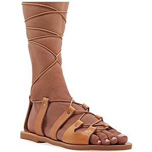 36 Beige Emmanuela antieke Griekse Gladiatorale sandalen, handgemaakte platte lederen sandalen met open tenen en veters, hoge kwaliteit zomerschoenen voor het vastbinden voor vrouwen
