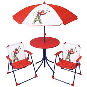 FUN HOUSE 713592 Olympische Spelen Parijs 2024 tuinmeubelset voor kinderen met een tafel H 46 x Ø 46 cm, twee stoelen hoogte 53 x 38,5 x 37,5 cm en een parasol hoogte 125 x Ø 100 cm, wit/rood