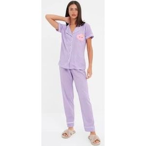 Trendyol Vrouwen Plain Kantwerk/Mesh/Net gedetailleerde Dunne Geweven Hemd - Shorts Pyjama Set, Lila, M