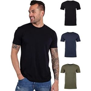 INTO THE AM Heren T-shirt - korte mouw ronde hals zachte getailleerde T-shirts S - 4XL frisse klassieke T-shirts, 3-pack Zwart/Navy/Olijfgroen, L