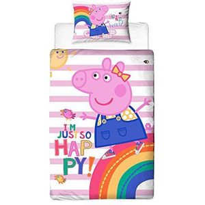 Peppa Pig Friends gestreepte dekbedovertrek met bijpassende kussenhoes, polyester, eenpersoonsbed, roze