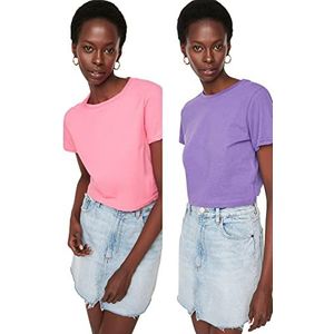 Trendyol Dames paarse roze 100% katoen ronde kraag 2 pakket crop gebreid T-shirt, paars, medium