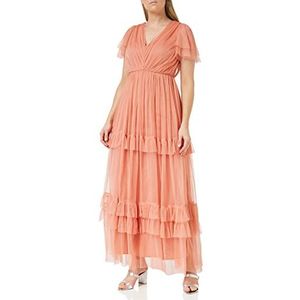Anaya with Love Maxi-jurk voor dames met korte mouwen, avondjurk, gelaagde V-hals, vlinderdas, bruidsmeisje, bruiloft, gast gala, lang, Koraal Roze, 34