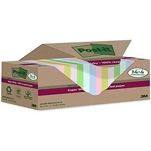 Post-it Super kleverige 100% gerecycleerde notities, 14+4 gratis pads, 70 vellen per pad, 76 mm x 76 mm, roze, groen, blauw, paars, geel - extra kleverige notities gemaakt van 100% gerecycled papier