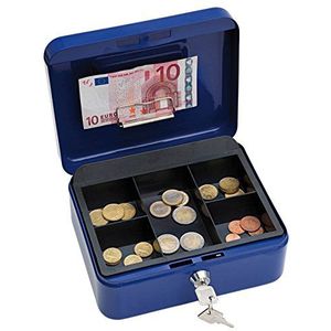 Wedo 145203H geldcassette (van gepoedercoat staal, inschuifbaar handvat, geldbiljetten- en bonnetjes, 5-vaks munteninzet, veiligheidssillot, 20 x 16 x 9 cm) blauw