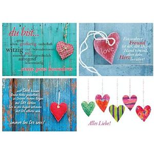Wenskaart set van 4/4 motieven vouwkaarten harten/liefde/vriendschap