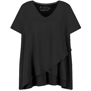 Samoon Blouseshirt voor dames met chiffon-laag korte mouwen T-shirt korte mouwen ronde hals blouseshirt effen kleuren, zwart, 52 NL