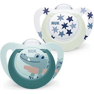 NUK Star Night & Day fopspeen voor baby's, 18-36 maanden, letscher in het donker, silicone, BPA-vrij, krokodil, 2 stuks