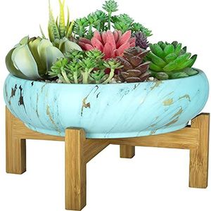 ARTKETTY Plantenpotten binnen, 25,5 cm grote bloempot met drainagestandaard, marmeren vetplanten, ondiepe keramische potten voor buiten cactusplanten, decoratieve tuin bonsai plantenkom