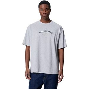 Koton Oversized T-shirt met slogan met borduurwerk, ronde hals, korte mouwen, grijs (023), XL