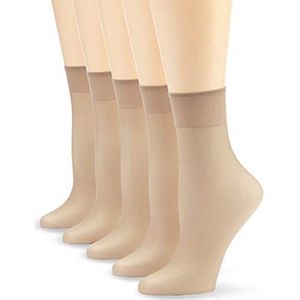 Nur Die Set van 5 sokjes zijdefijn 15 denier transparant nylon fijne sokken zijdeachtig glanzend brede comfortabele band dames, teint, Eén maat