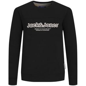 JACK&JONES JUNIOR Jorlakewood Sweat Crew Neck Bf Jnr Sweatshirt voor jongens, Zwart/Detail: jj Print/Loose Fit, 140 cm